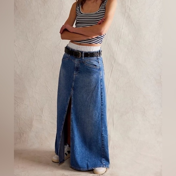 #5 NWT Free People Come As You Are Denim Maxi Skirt in Sapphire Blue With Slit - Picture 2 of 7